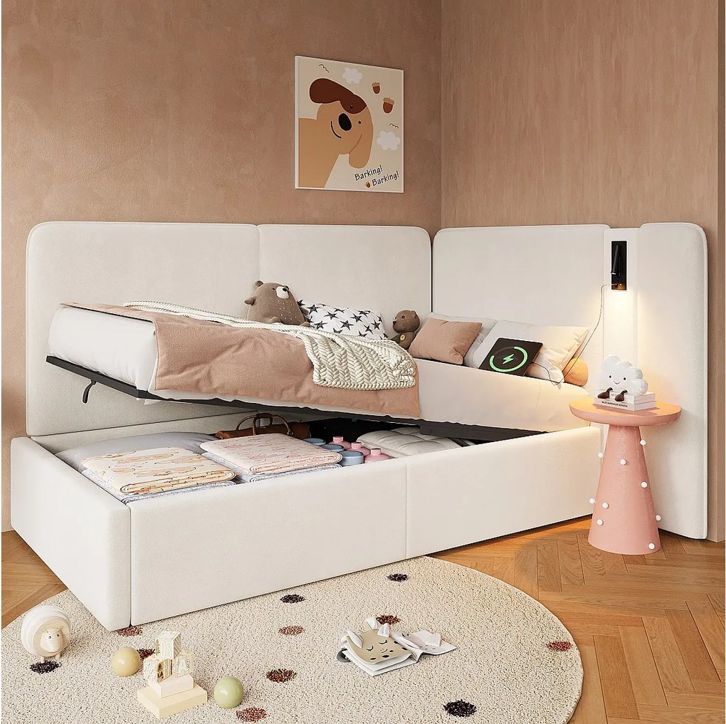 Tapicerowane łóżko dzienne dla dzieci - 90 x 200 cm - z hydraulicznym schowkiem + portem USB + lampką do czytania - welur - beż