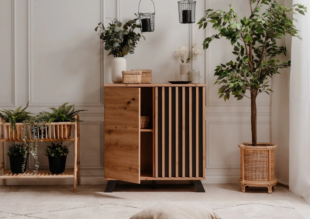 Dwudrzwiowa komoda z lamelami Medan 2D dąb artisan/antracyt