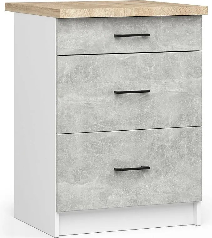 Szafka kuchenna AKORD S60 z blatem system OLIWIA Biała 60 cm 3 szuflady kolor Beton mat 60x46x85 cm