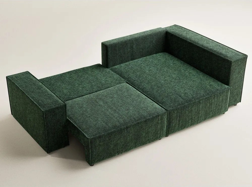 Ciemnozielony rozkładany narożnik ze schowkiem z tkaniny szenilowej (prawostronny/w kształcie litery L) Tonga – Maison de Rêve