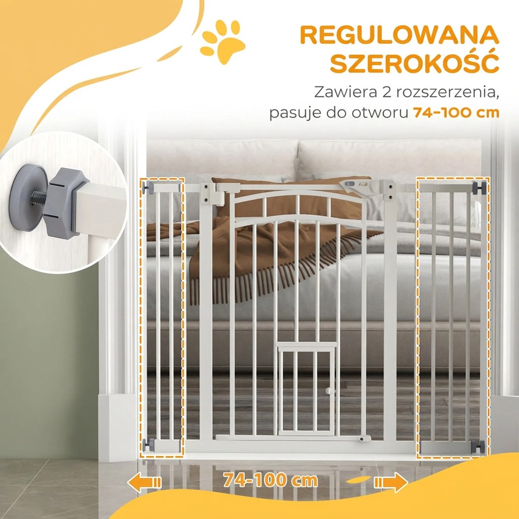 PawHut Zabezpieczenie Schodowe dla Psów, Bramka Ochronna, Automatyczne Zamykanie, Wymiar 100 cm x 4 cm x 76 cm, Biały