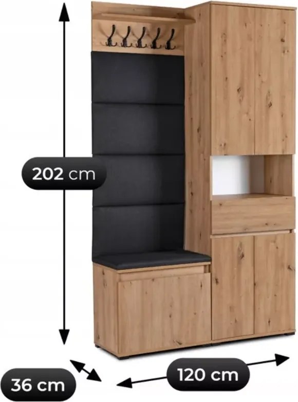 Szafka na buty z siedziskiem + wieszak + słupek Suspended 120 cm grafit/dąb artisan