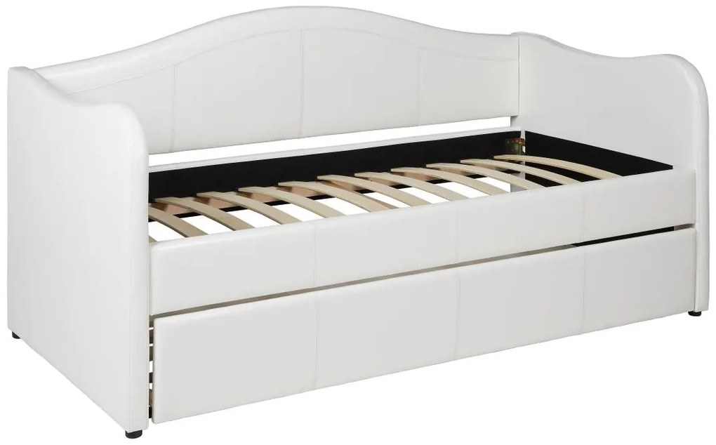 Wysuwane łóżko MATHILDE – 2 × 90 × 190 cm – ekoskóra – kolor biały, materac w zestawie