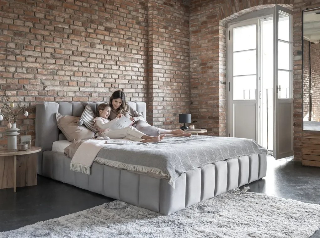 Łóżko tapicerowane LAMICA VELVET 160x200 jasnoszare z pojemnikiem ELTAP