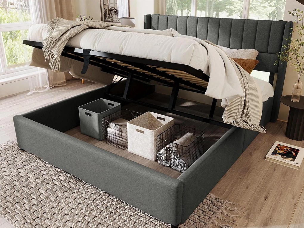 Łóżko ze schowkiem i zagłówkiem - 180 x 200 cm - tkanina lniana - stelaż z listew - szare