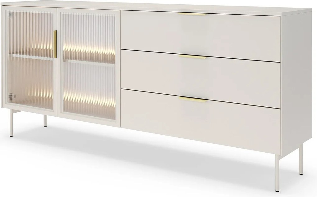 Komoda 180 cm Senzia na nóżkach - 3 szuflady, 2 szklane drzwi, komoda z LED do salonu - kaszmir
