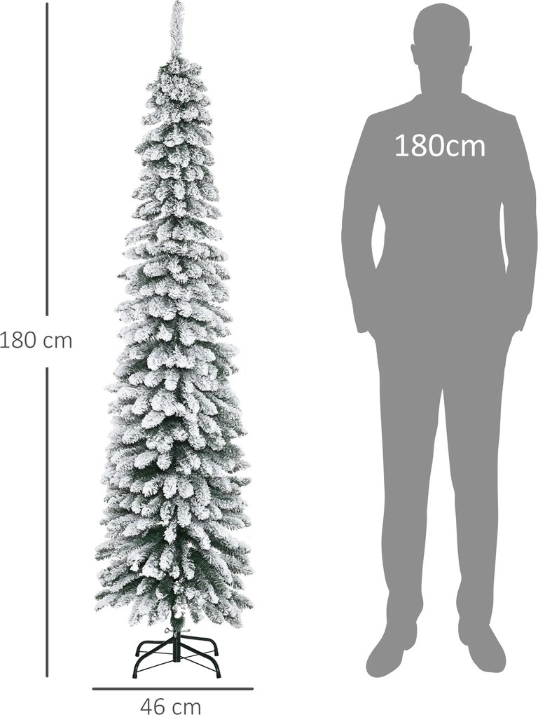 HOMCOM Sztuczna Choinka świąteczna, śnieżna, wąski design, ognioodporna, 180 cm, Zielony/Biały | Aosom PL