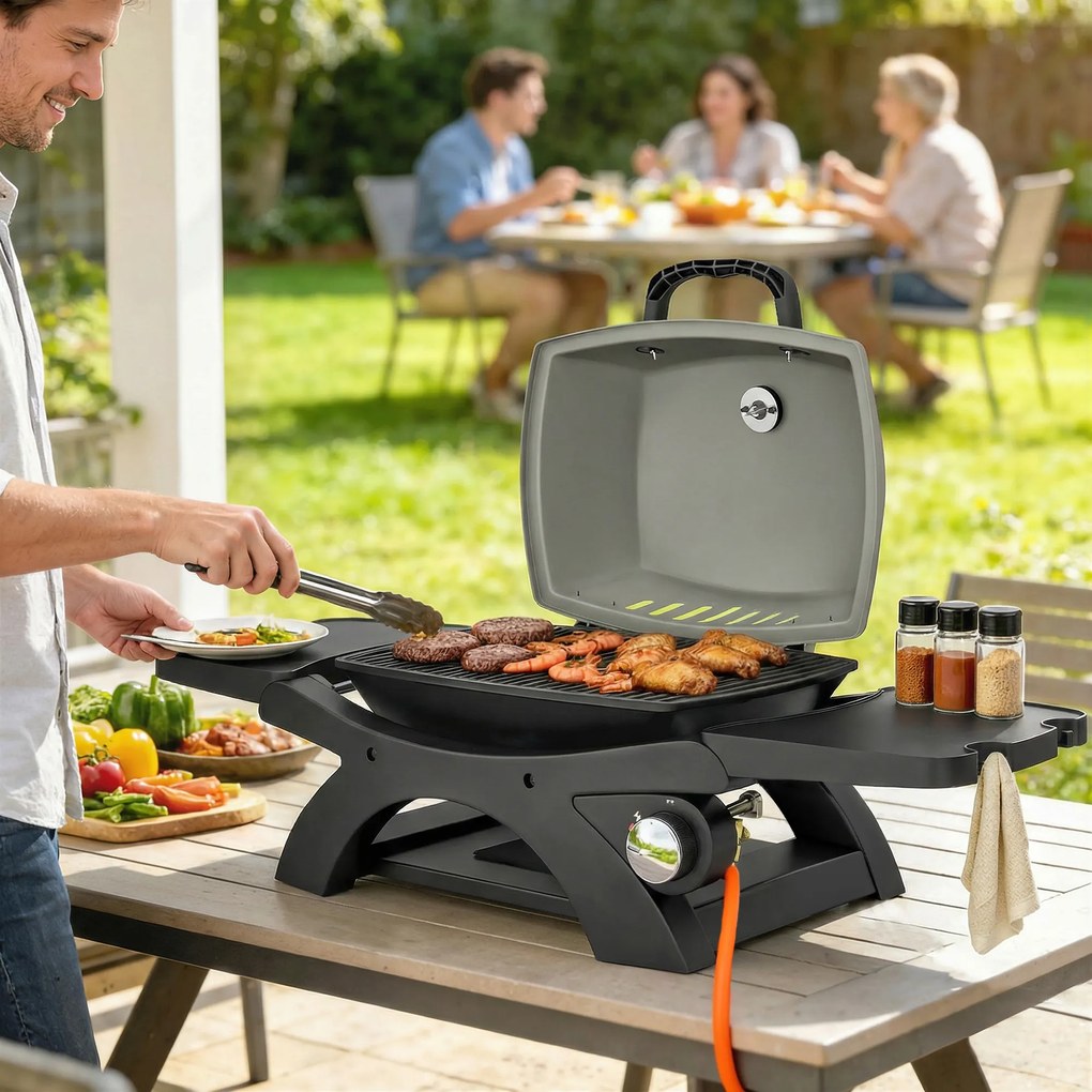 Outsunny Grill gazowy 3,3 kW Stołowy grill z 1 palnikiem składane boczne stoliki ruszty żeliwne wyjmowana taca na tłuszcz | Aosom PL