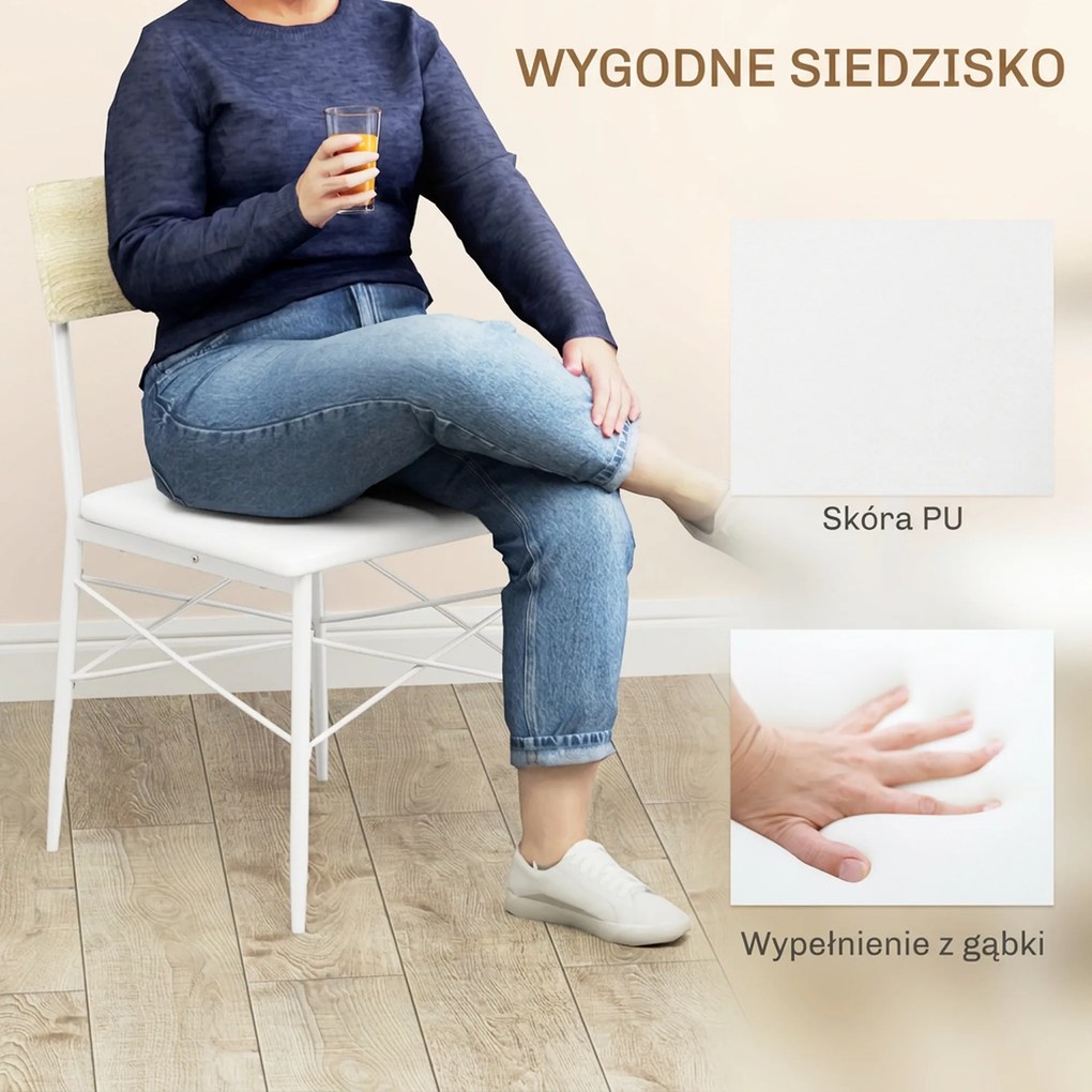 HOMCOM 4-częściowy zestaw stołowy z krzesłami i ławką na 4 osoby, siedzenia tapicerowane, stalowy stelaż, drewno, Biały
