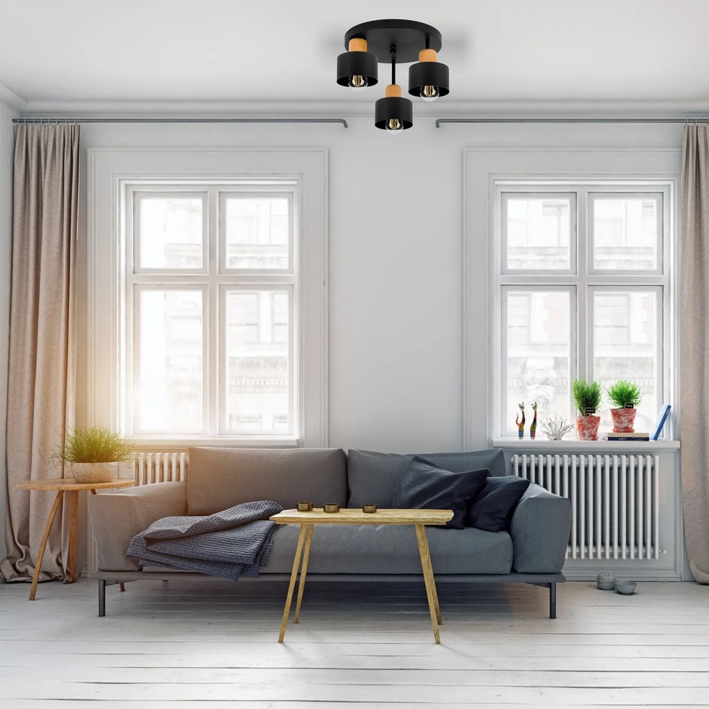 Czarna lampa sufitowa, trzypunktowy spot DBU3030SC z drewna i metalu E