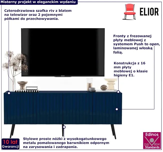 Granatowa lamelowa szafka pod TV na czarnych nóżkach - Filo 13X