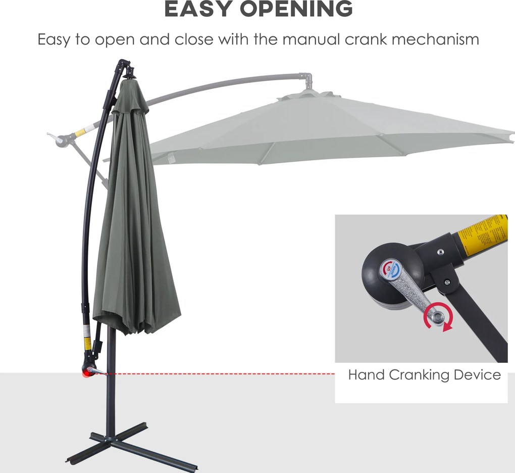 Outsunny parasol ogrodowy 3m z ręczną korbą szary stabilny i trwały idealny do ogrodu | Aosom PL