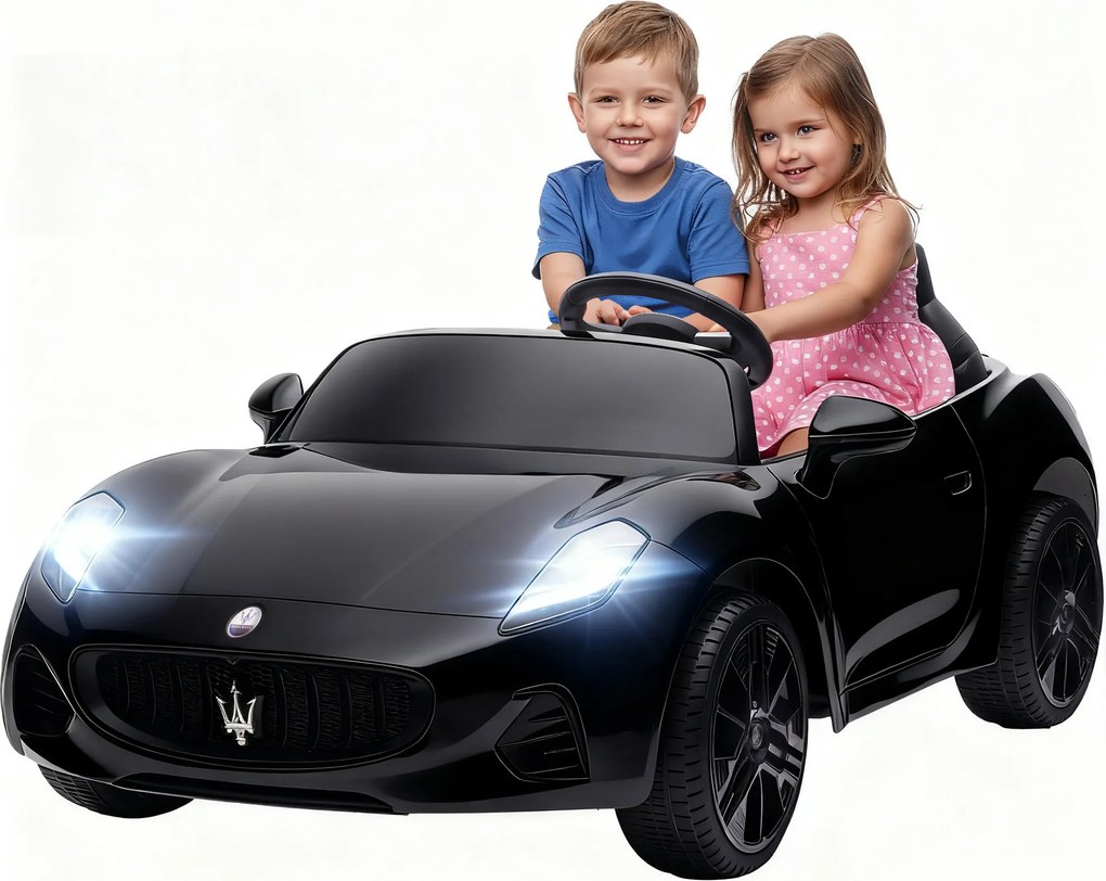 AIYAPLAY Maserati Elektryczny samochód dla dzieci, 2-miejscowy, zasilanie 12V, pilot, światła LED, funkcja muzyki, Czarny