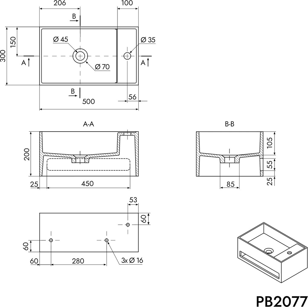 Umywalka ścienna z odlewu mineralnego PB2077