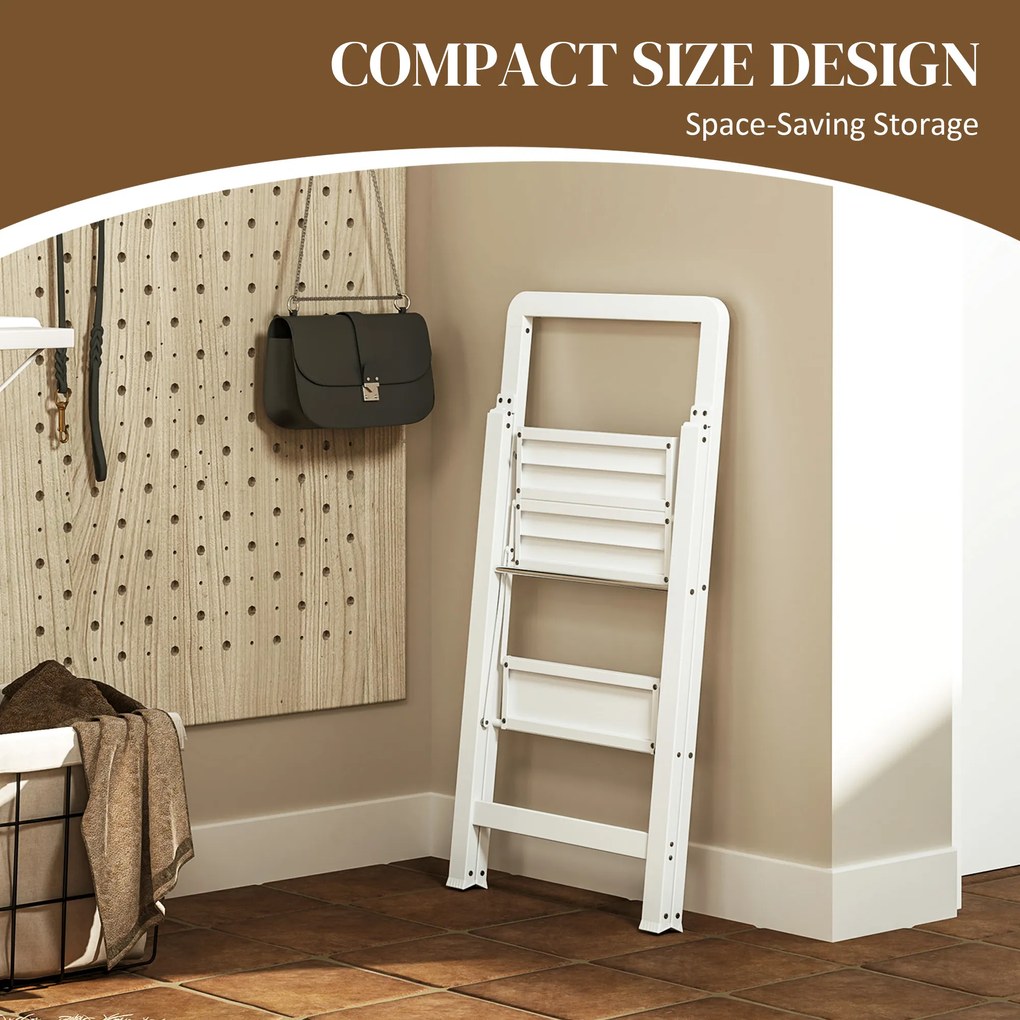 HOMCOM Drabina 2-stopniowa, Składana, Antypoślizgowa Platforma, Biała