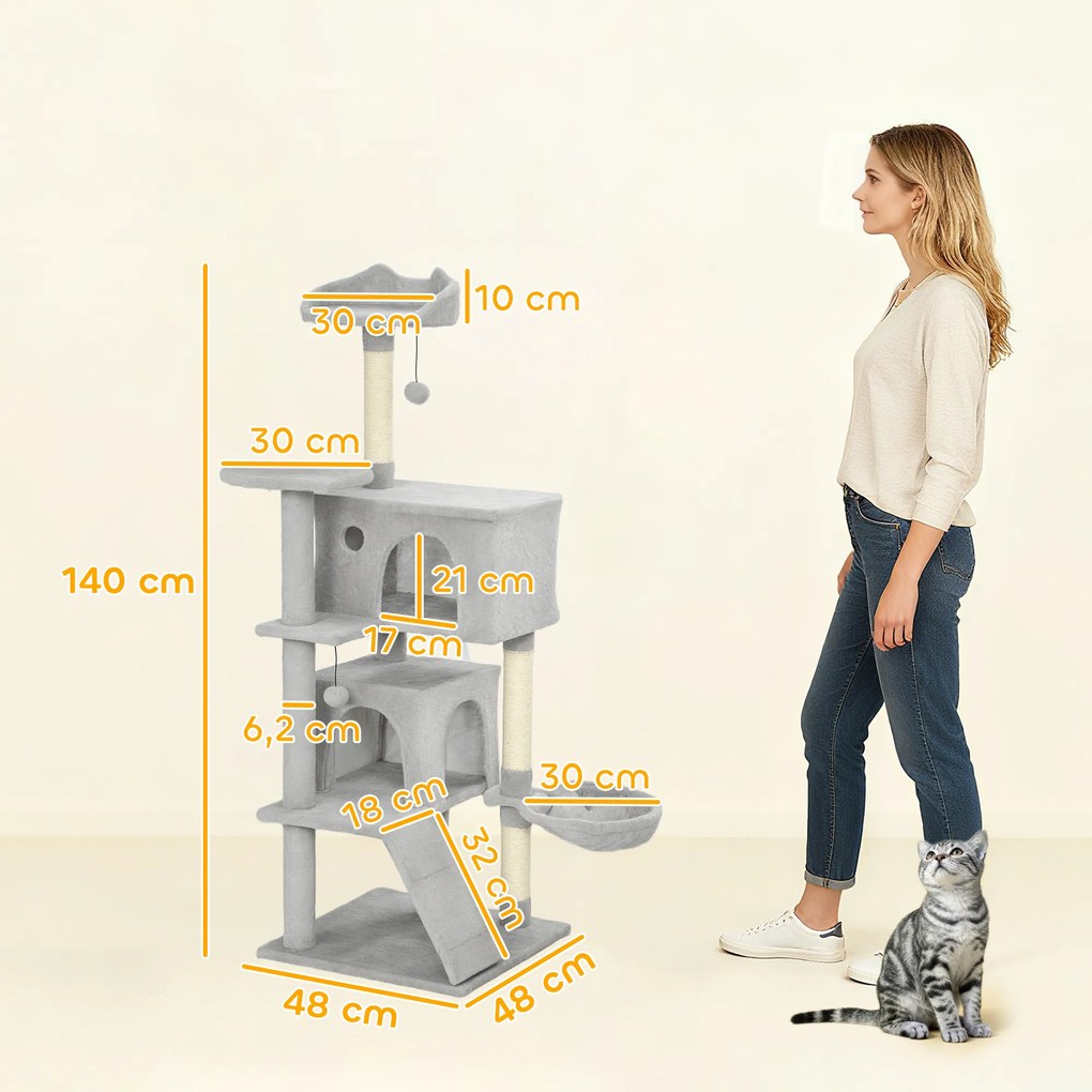 PawHut 140 cm drapak dla kota, wielopoziomowy, słupki do drapania z sizalu, kryjówki, pluszowe platformy, hamak, drabinka, piłeczki do zabawy