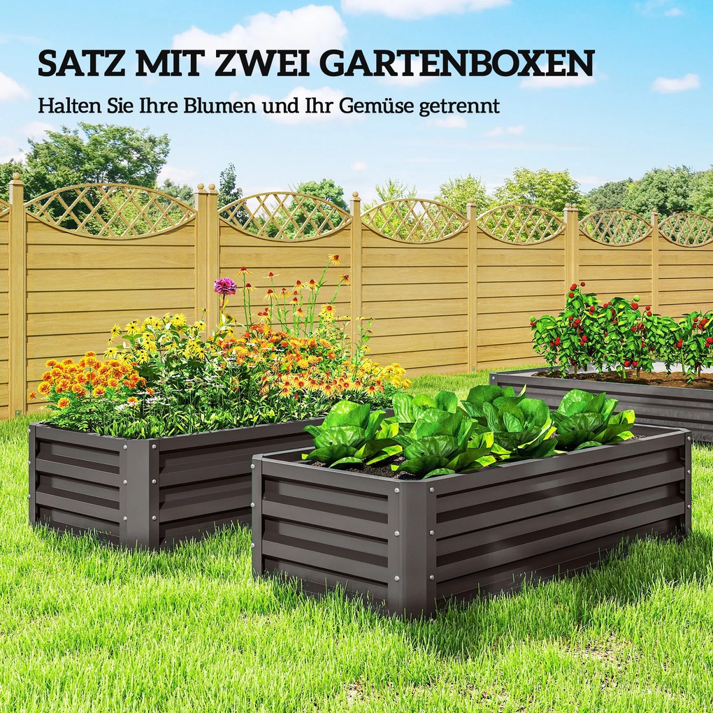 Outsunny Metalowe podwyższane grządki 2 sztuki otwarte dno do ogrodu i na balkon 110x50x30 cm ciemnoszare | Aosom PL