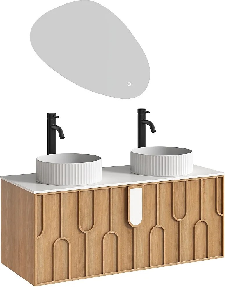 Wiszaca szafka łazienkowa teksturowana z podwójną okrągłą umywalką nablatową prążkowaną, baterią i lustrem - Jasny naturalny - szer. 120 cm - MERKAN
