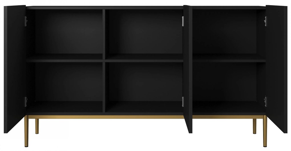 Komoda Nicole 150 cm trzydrzwiowa z ryflowanym frontem - czarny mat / złote nóżki