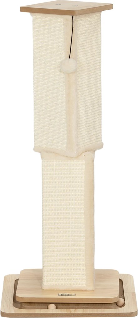 PawHut 3-w-1 Drapak z torami do zabawy, piłką i sizalem, do 10 kg, 39,5 x 39,5 x 87 cm, Dąb/Kremowy