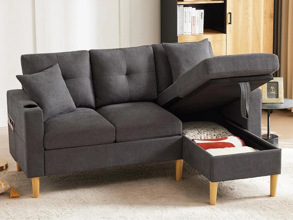 Nowoczesna sofa 3-osobowa w kształcie litery L - z 2 uchwytami na kubki - 2 poduszki - z przechowywaniem - ciemnoszary