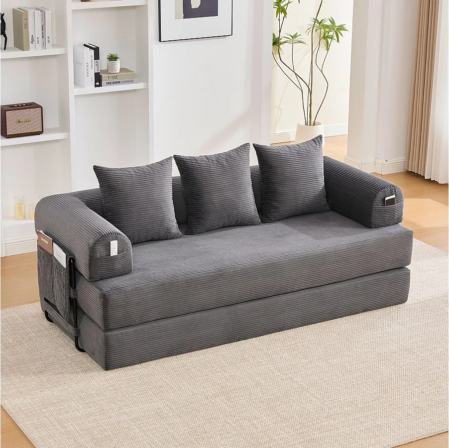 Sofa 3-osobowa rozkładana - 200 x 94 x 67 cm - z kieszeniami bocznymi + 3 poduszki - aksamit - ciemnoszary