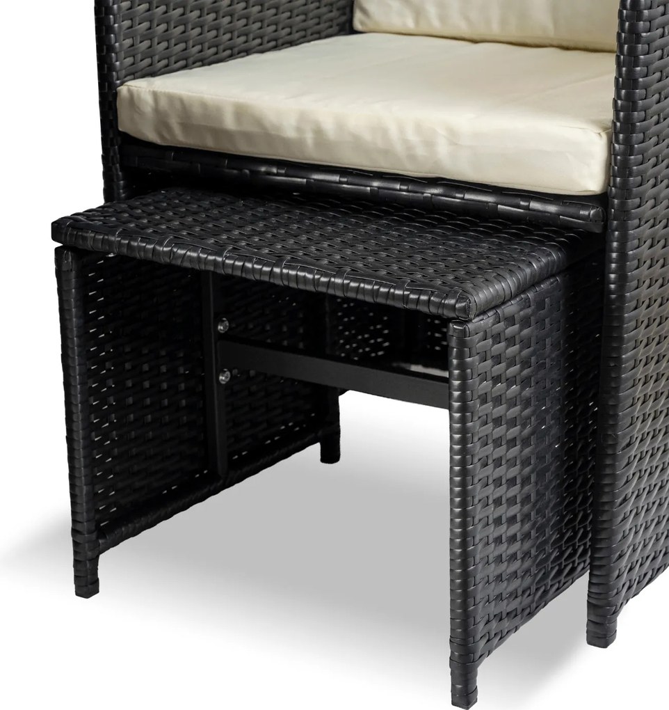 Zestaw mebli ogrodowych z fotelami i pufami Seaside, czarny technorattan, kremowe poduszki