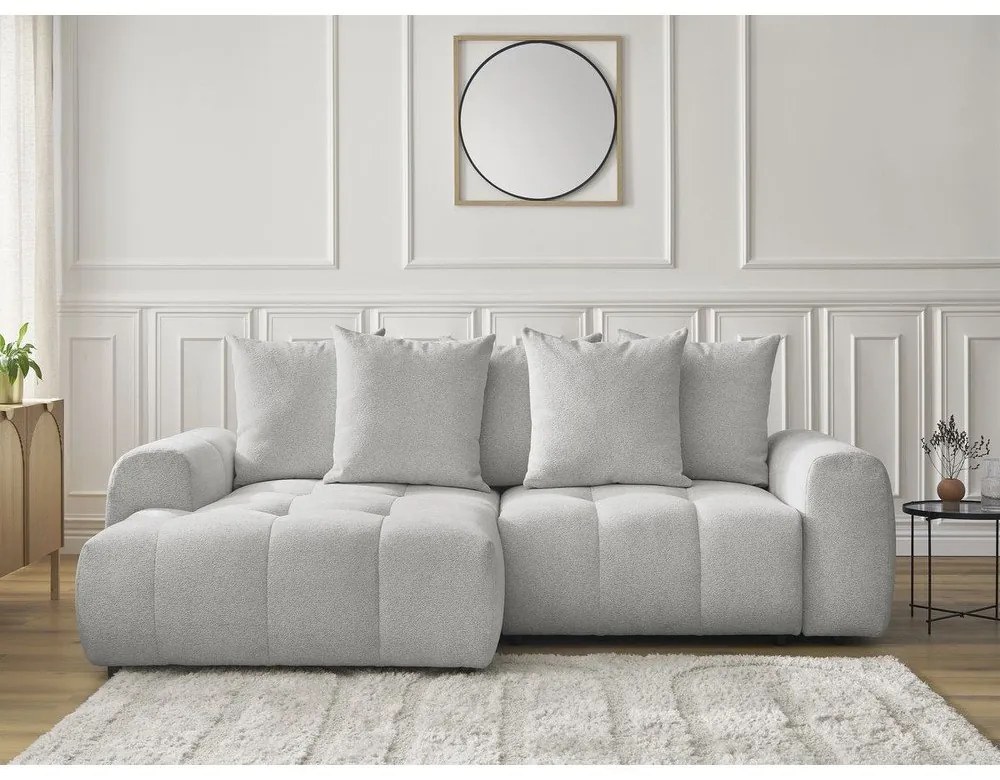 Jasnoszary rozkładany/ze schowkiem narożnik z tkaniny szenilowej (lewostronny/z szezlongiem) Roxelane – Bobochic Paris