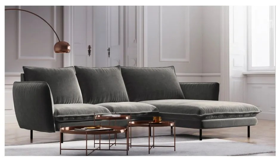 Ciemnoszara narożna aksamitna sofa prawostronna Cosmopolitan Design Vienna