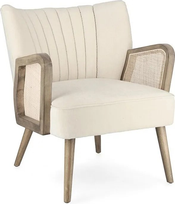 Fotel z tkaniny z efektem aksamitu w kolorze kości słoniowej, drewniane nogi i podłokietniki - VIRNA