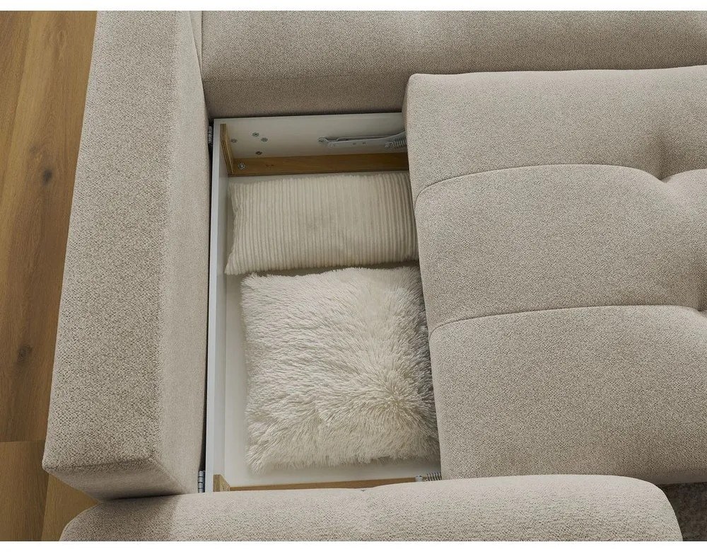 Beżowy rozkładany/ze schowkiem narożnik z tkaniny szenilowej (prawostronny/z szezlongiem) Roxelane – Bobochic Paris