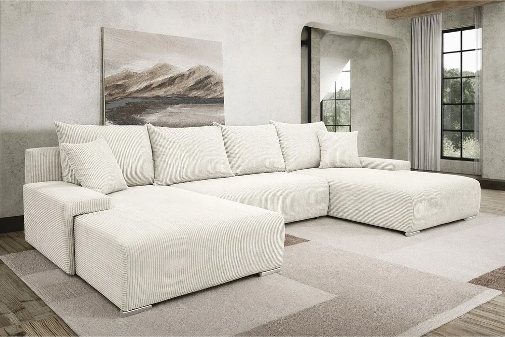 Narożnik, Sofa w kształcie U, tkanina sztruksowa Poso, Ecru, Livorno U