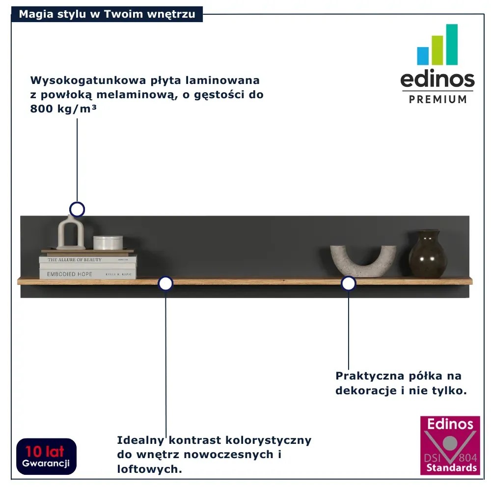 Półka ścienna 150 cm grafit + dąb evok N7-B38