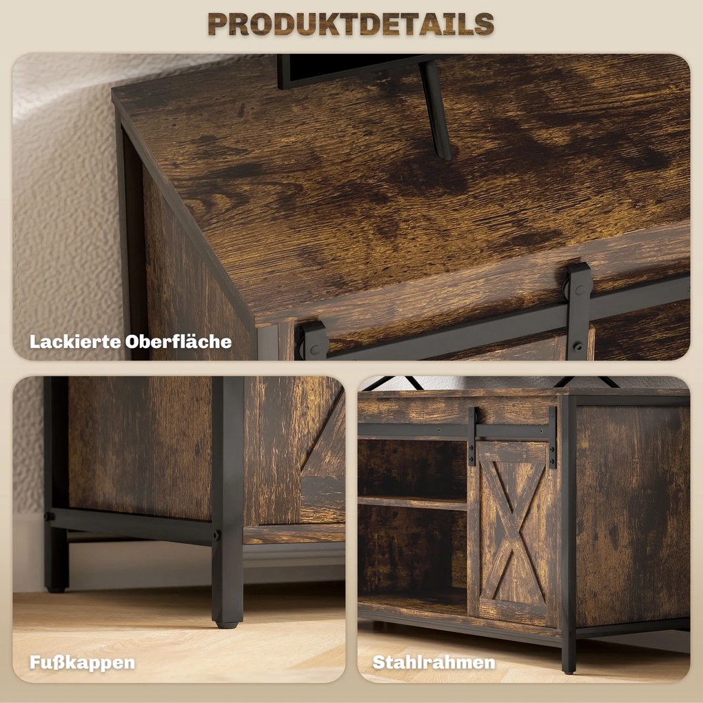 HOMCOM Niski stolik pod TV, design industrialny, na telewizory do 60'', 6 przegródek, 2 drzwi przesuwne, Brąz/Czarny