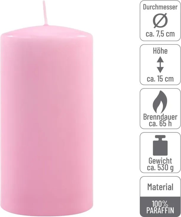 Zestaw świec słupkowych, 15 cm, Ø 7,5 cm, różowy, 4 sztuki.