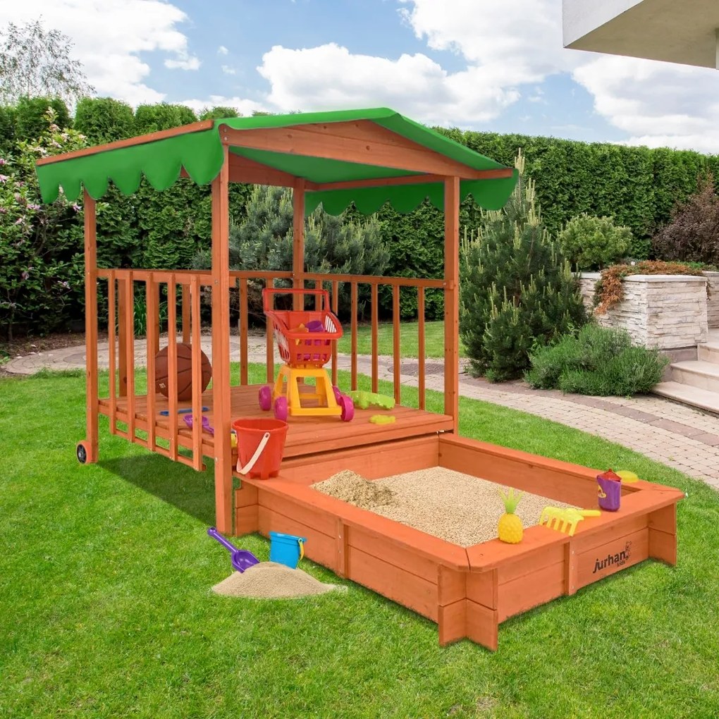 Piaskownica z werandą HAPPY, 130x130x143cm, brązowa/zielona Jurhan