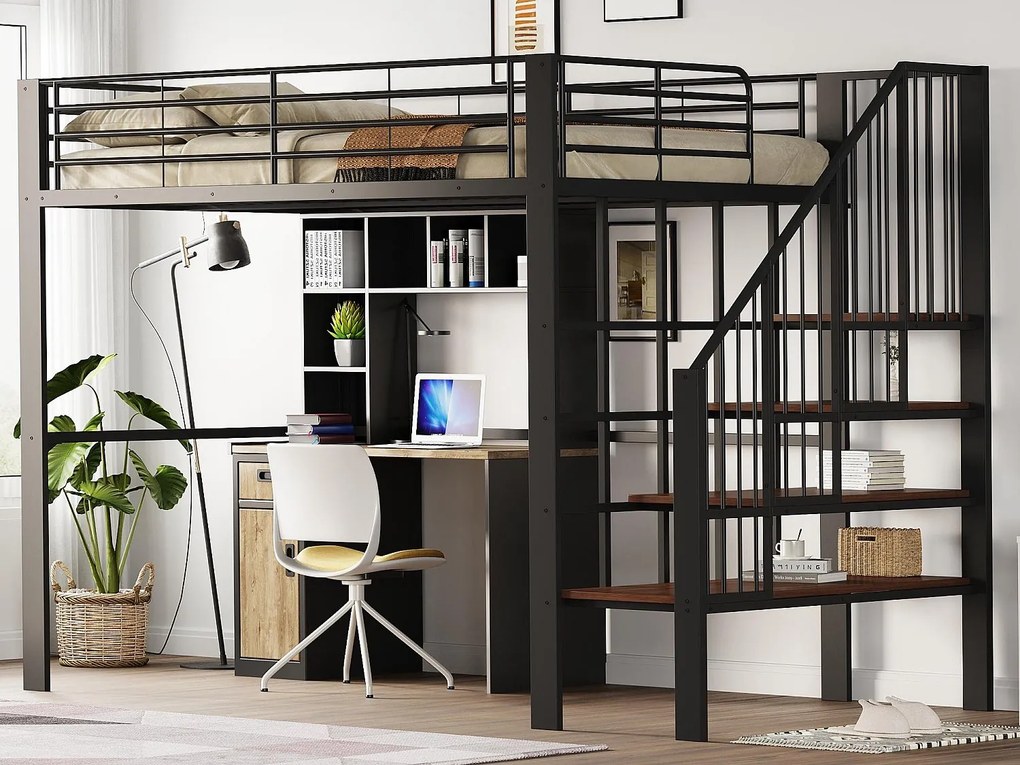 Łóżko mezzanine 140x200cm z metalu - z półkami i drabiną bezpieczeństwa - Czarny (materac nie jest w zestawie)