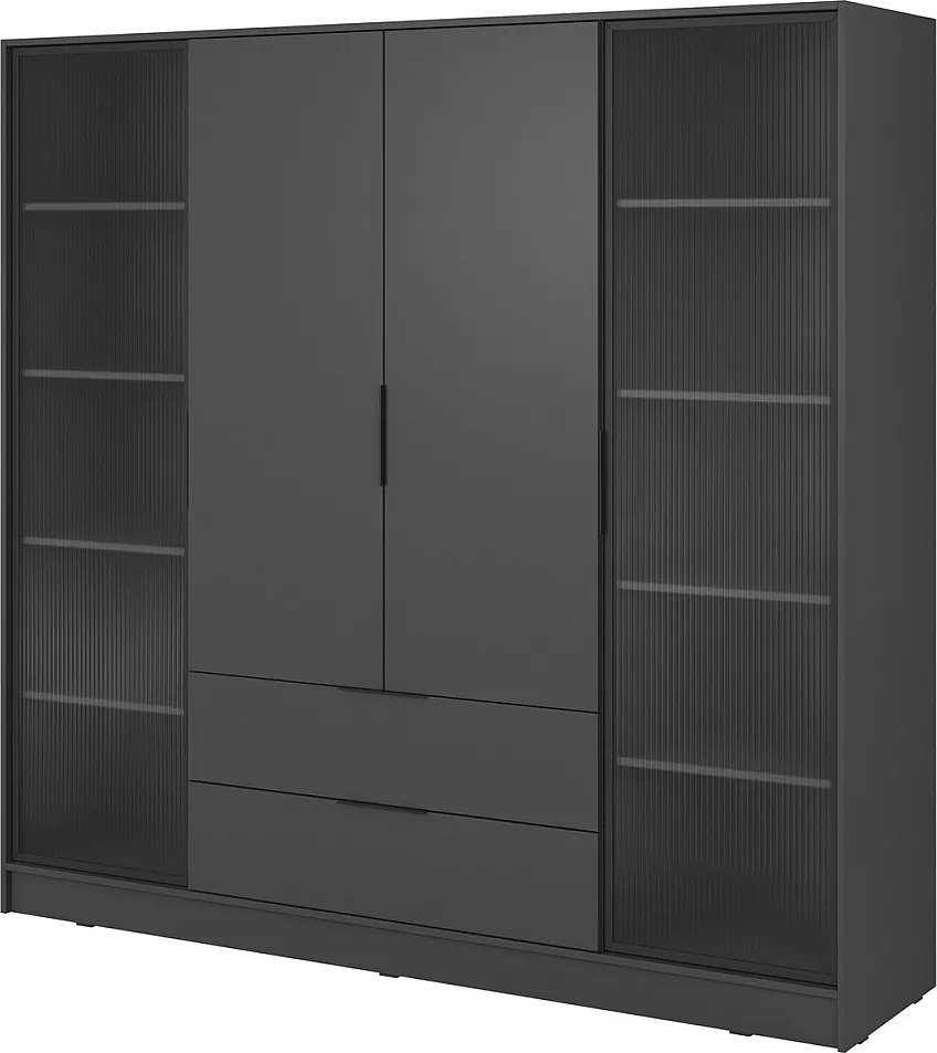 Szafa czterodrzwiowa 200 cm Kalma 4DRD z szybami, dwie szuflady - nowoczesna szafa otwierana - grafit