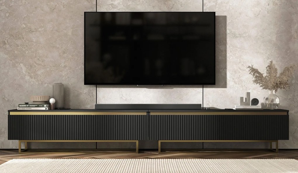 Podwójna szafka pod telewizor Selene 280 cm, czarna na złotych płozach