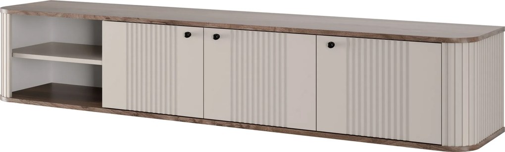 Szafka RTV wisząca Vesper 187 cm trzydrzwiowa - kaszmir / orzech / czarne uchwyty
