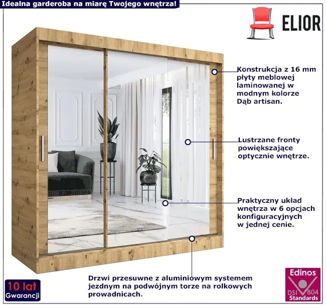 Szafa przesuwna z lustrem dąb artisan 200 cm - Kukkin 6X