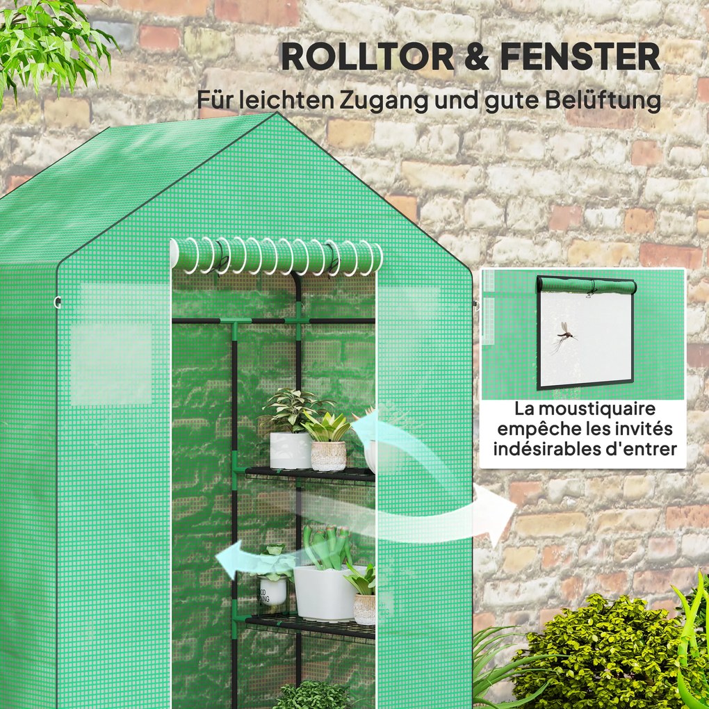 Outsunny Szklarnia z półkami, mini-szklarnia, odporna na UV, okna z siatki, drzwi na zamek błyskawiczny, 143D x 74S x 190W cm, Zielona