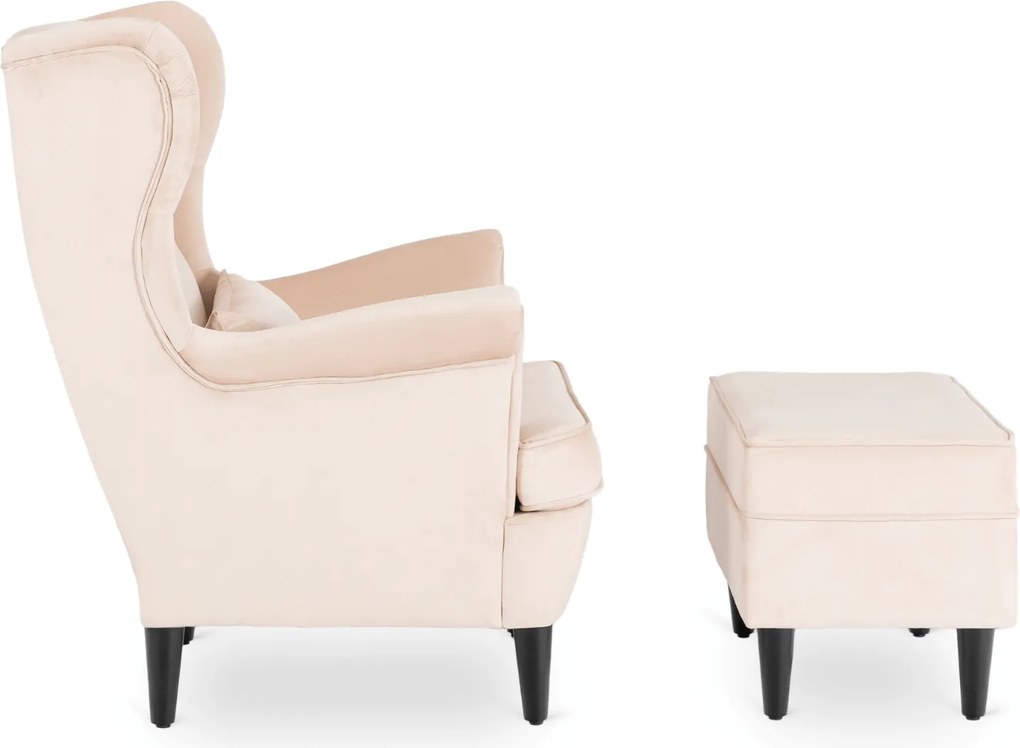 Fotel Wypoczynkowy Uszak EVAN 2 z Podnóżkiem Beżowy Welurowy Nowoczesny