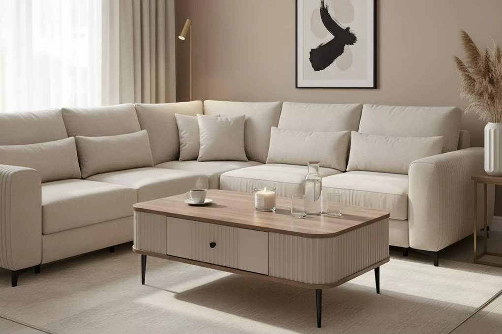 Stolik kawowy z szufladą Vesper 103x60 cm - kaszmir / orzech / czarne nogi