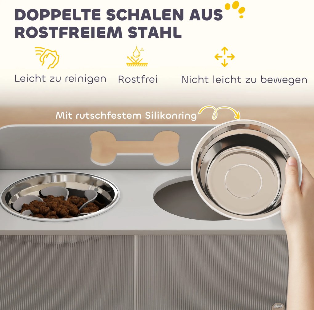 PawHut Podwyższona stacja karmienia z 2 miskami i szafką, MDF, stal nierdzewna, motyw kości, szary