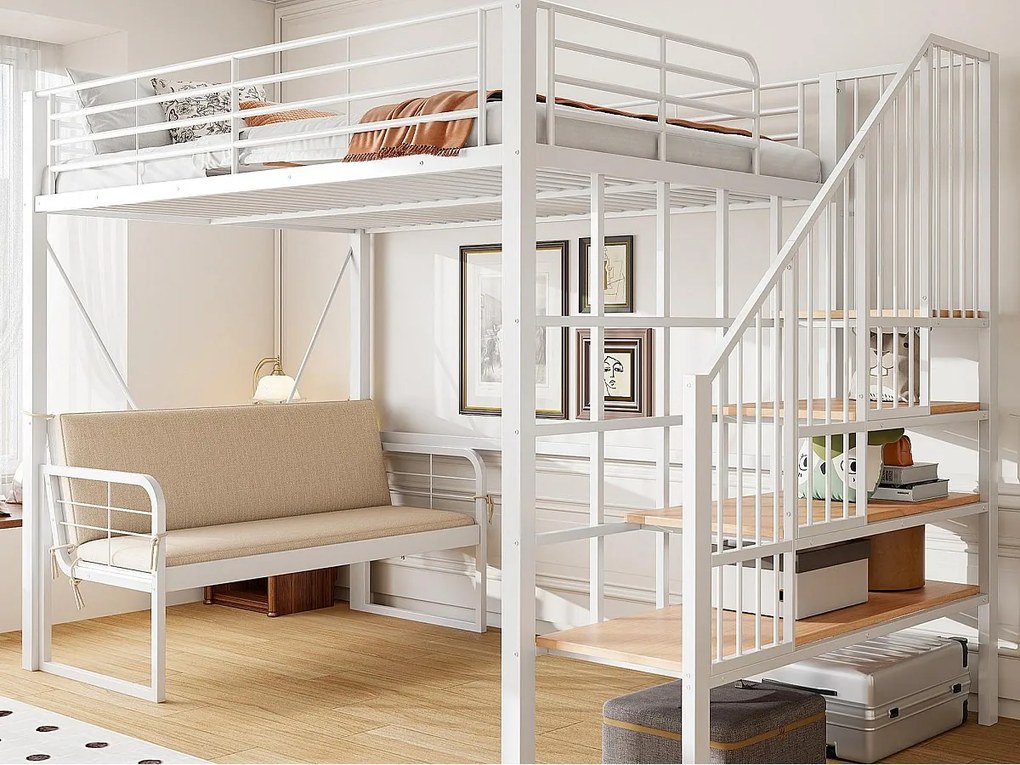 Łóżko na antresoli 140 x 200 cm - Konstrukcja metalowa - Z kanapą - Z drabiną - biały​ (materac nie jest wliczony w cenę)