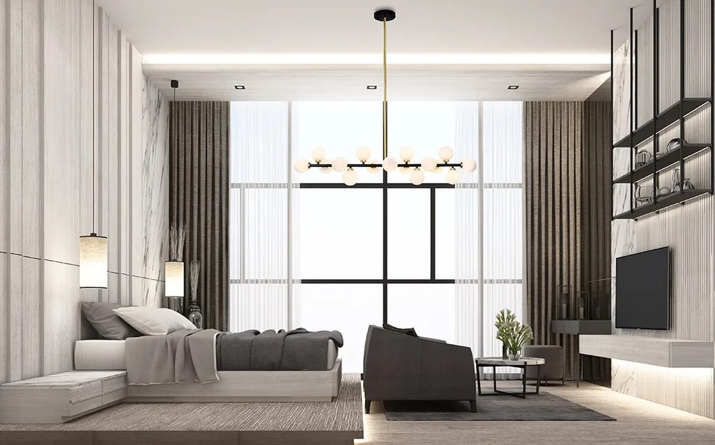 Szeroka lampa wisząca Cosmo Level M Black z kulistymi kloszami