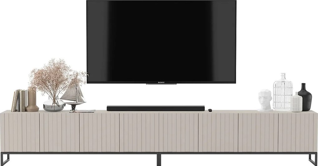 Szafka RTV z 8 drzwiami - korpus Kaszmir mat, fronty ryflowane Kaszmir mat - 300 cm, czarny metalowy stelaż