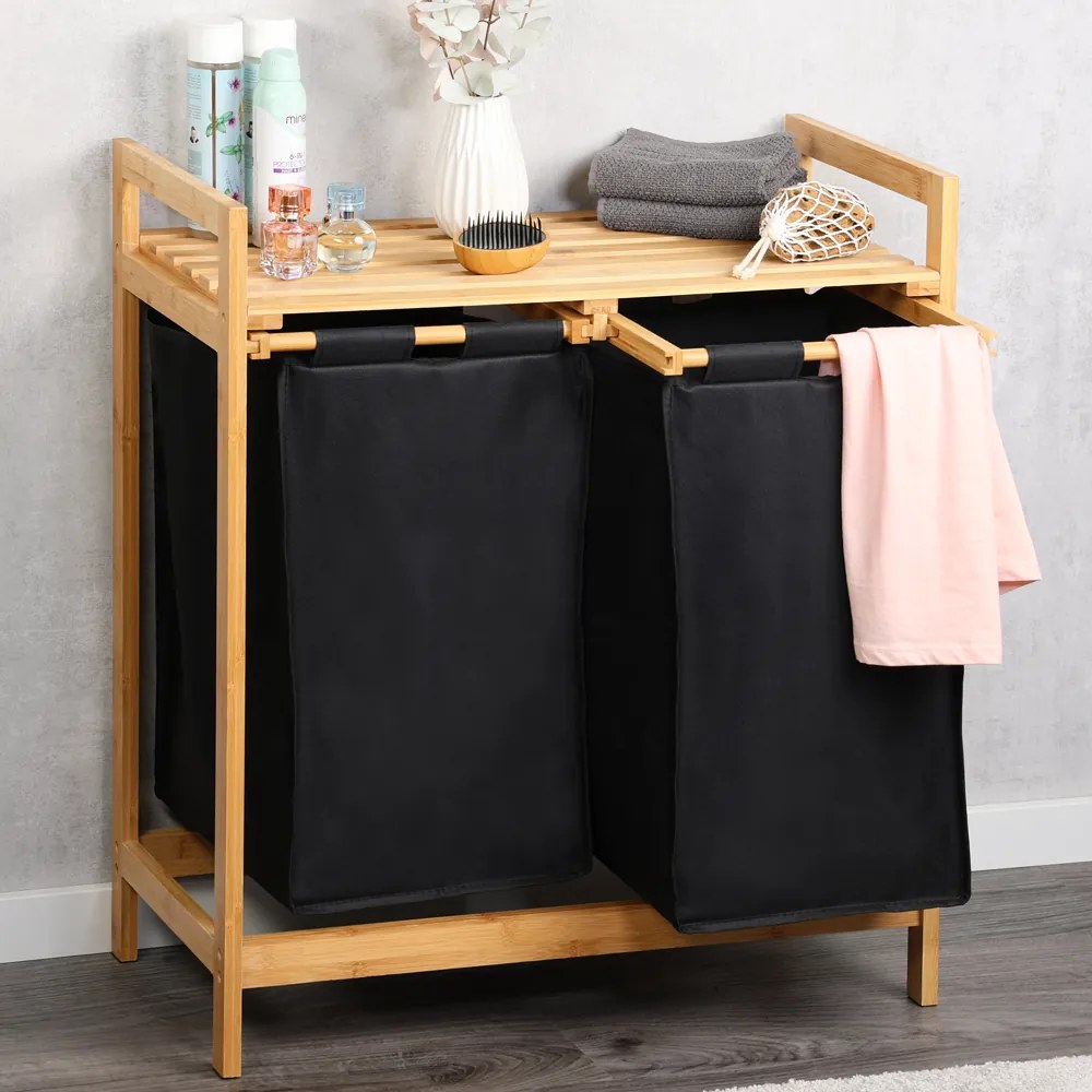 Bambusowy kosz na pranie, dwukomorowy, 64 x 73 cm