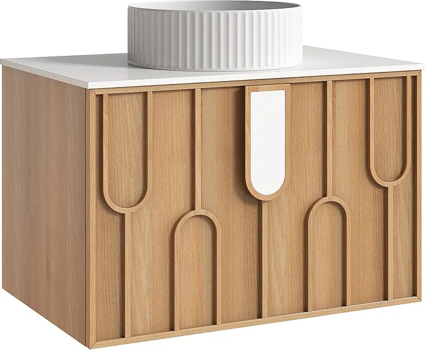 Wiszaca szafka łazienkowa teksturowana z okrągłą, prążkowaną umywalką nablatową - Jasny naturalny - szer. 75 cm - MERKAN